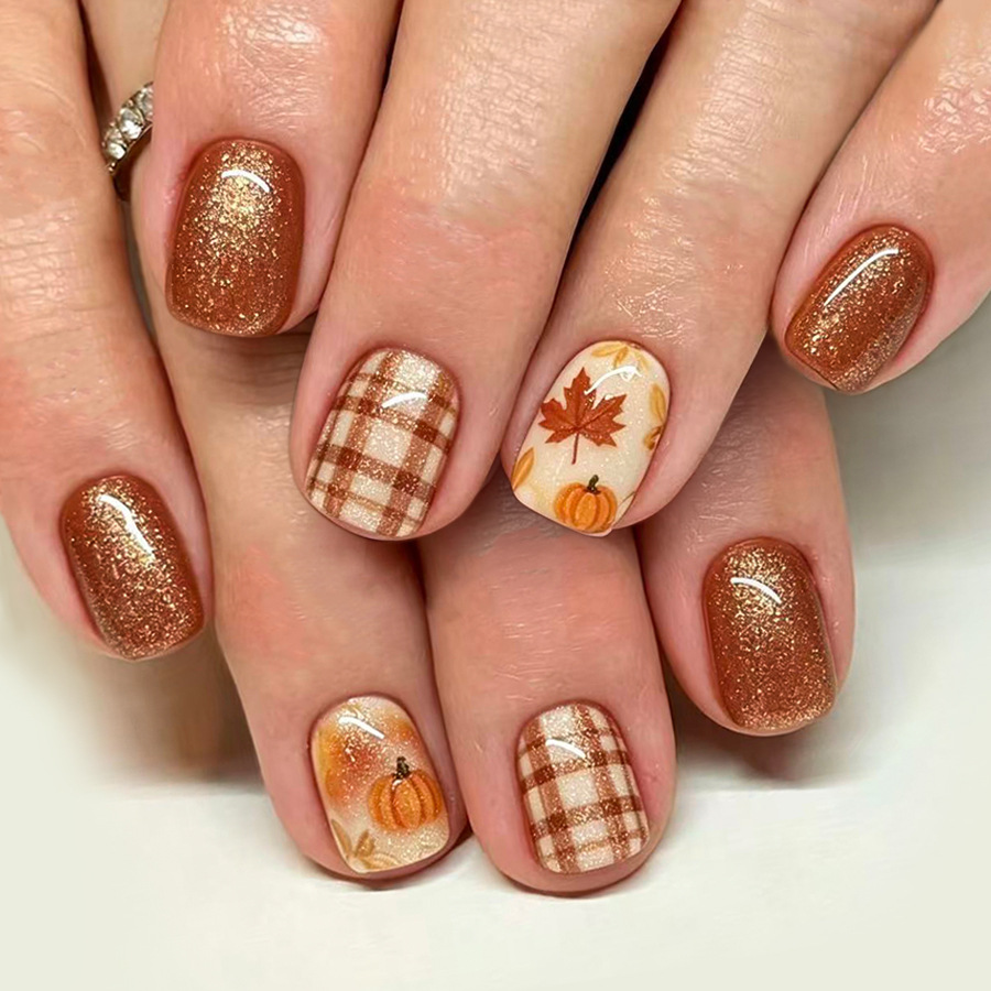 Nail Art Orange - 24 قطعة أظافر صناعية لاصقة أكريليك