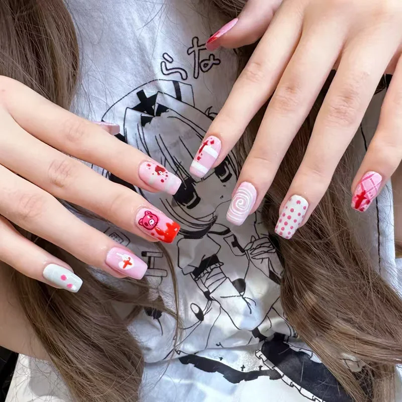 Nail Art Pink - أظافر صناعية لاصقة بتصميم دب وردي